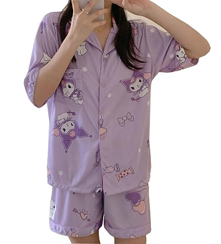 WANHONGYUE Kawaii Kuromi Pyjamas Damen Mädchen Sleepwear Loungewear Short Pyjama Set Anime Short Sleeve Shirt and Shorts 2 Piece Leisure Suit Lila-1 L von WANHONGYUE