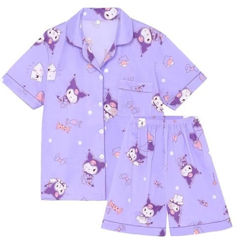 WANHONGYUE Kawaii Cartoon Pyjamas Damen Mädchen Sleepwear Loungewear Short Pyjama Set Anime Short Sleeve Shirt and Shorts 2 Piece Leisure Suit Lila-1 M von WANHONGYUE