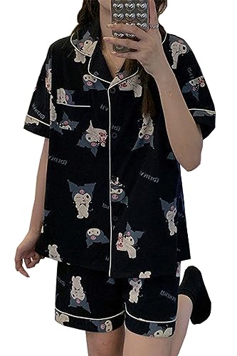 WANHONGYUE Kawaii Kuromi Pyjamas Damen Mädchen Sleepwear Loungewear Short Pyjama Set Anime Short Sleeve Shirt and Shorts 2 Piece Leisure Suit Schwarz M von WANHONGYUE