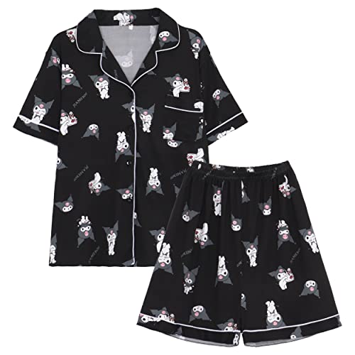 WANHONGYUE Kawaii Kuromi Pyjamas Damen Mädchen Sleepwear Loungewear Short Pyjama Set Anime Short Sleeve Shirt and Shorts 2 Piece Leisure Suit Schwarz XL von WANHONGYUE