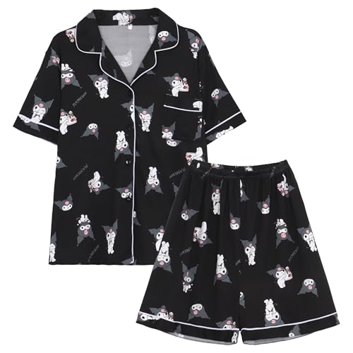 WANHONGYUE Kawaii Cartoon Pyjamas Damen Mädchen Sleepwear Loungewear Short Pyjama Set Anime Short Sleeve Shirt and Shorts 2 Piece Leisure Suit Schwarz XL von WANHONGYUE