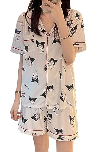 WANHONGYUE Kawaii Kuromi Pyjamas Damen Mädchen Sleepwear Loungewear Short Pyjama Set Anime Short Sleeve Shirt and Shorts 2 Piece Leisure Suit Weiß-1 XXL von WANHONGYUE