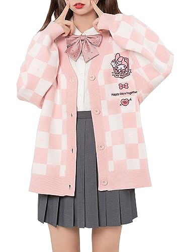 WANHONGYUE Kawaii My Melody Cardigan Sweater Damen Long Sleeve Open Front Knitted Jumper Strickjacke Mädchen JK School Uniform Anime V-Neck Pullover Jacket Coat Rosa L von WANHONGYUE