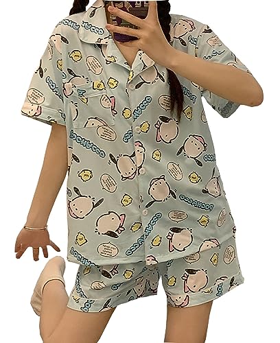 WANHONGYUE Kawaii Pochacco Pyjamas Damen Mädchen Sleepwear Loungewear Short Pyjama Set Anime Short Sleeve Shirt and Shorts 2 Piece Leisure Suit Blau-3 L von WANHONGYUE