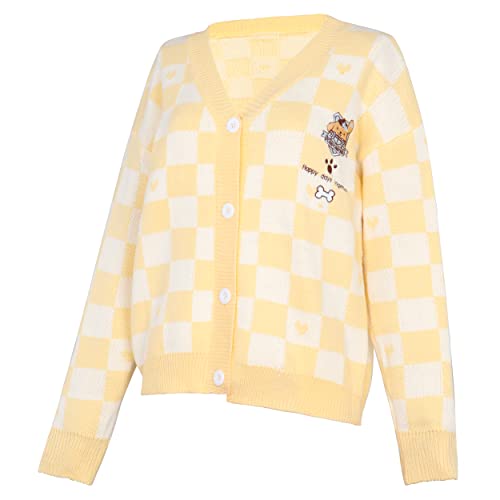WANHONGYUE Kawaii Pom Pom Purin Cardigan Sweater Damen Long Sleeve Open Front Knitted Jumper Strickjacke Mädchen JK School Uniform Anime V-Neck Pullover Jacket Coat Gelb S von WANHONGYUE