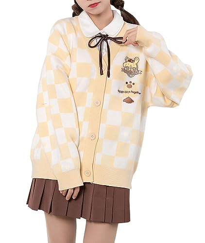 WANHONGYUE Kawaii Pom Pom Purin Cardigan Sweater Damen Long Sleeve Open Front Knitted Jumper Strickjacke Mädchen JK School Uniform Anime V-Neck Pullover Jacket Coat Gelb XL von WANHONGYUE