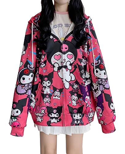 WANHONGYUE Kuromi Hoodie Jacke Damen Mädchen Y2K Zip Up Hoodies Long Sleeve 3D Pullover Sweatjacke Kawaii Anime Hooded Sweatshirt Jacket Rot 4XL von WANHONGYUE