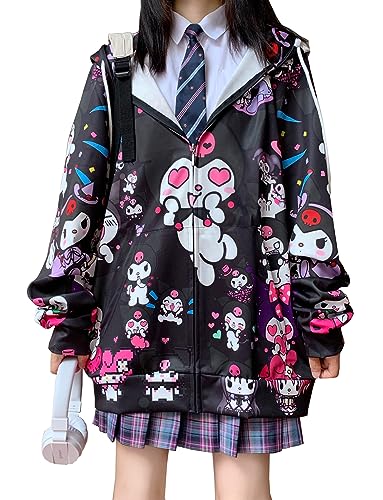 WANHONGYUE Kuromi Hoodie Jacke Damen Mädchen Y2K Zip Up Hoodies Long Sleeve 3D Pullover Sweatjacke Kawaii Anime Hooded Sweatshirt Jacket Schwarz L von WANHONGYUE