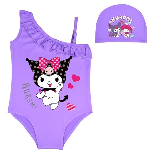 WANHONGYUE My Melody Kuromi One-Piece Swimsuits for Girls One Shoulder Ruffle Swimwear Cute Cartoon Hawaiian Beach Sport Bathing Suit with Swimming Cap, Lila/1, 3XS von WANHONGYUE