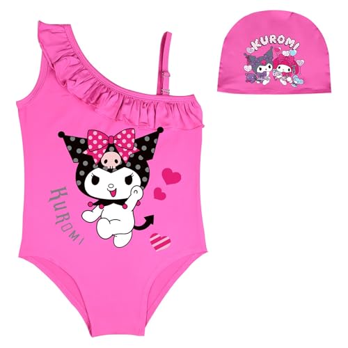 WANHONGYUE My Melody Kuromi One-Piece Swimsuits for Girls One Shoulder Ruffle Swimwear Cute Cartoon Hawaiian Beach Sport Bathing Suit with Swimming Cap, Rosarot/1, S von WANHONGYUE