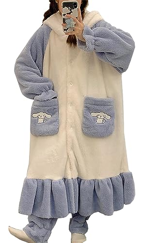 WANHONGYUE My Melody Plüsch Bademantel mit Kapuze Damen Long Fluffy Bathrobe Dressing Gown Flanell Pyjama mit Hose Two-Piece Set Winter Warm Soft Sleepwear Leisure Suit Blau M von WANHONGYUE