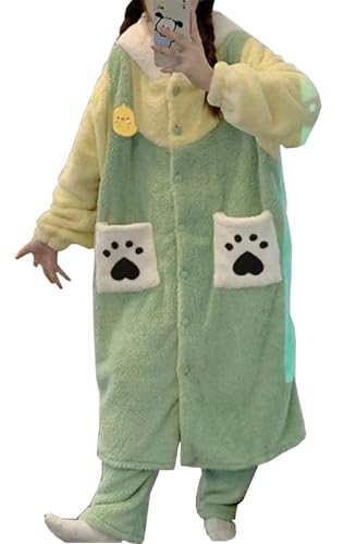 WANHONGYUE My Melody Plüsch Bademantel mit Kapuze Damen Long Fluffy Bathrobe Dressing Gown Flanell Pyjama mit Hose Two-Piece Set Winter Warm Soft Sleepwear Leisure Suit Grün XL von WANHONGYUE