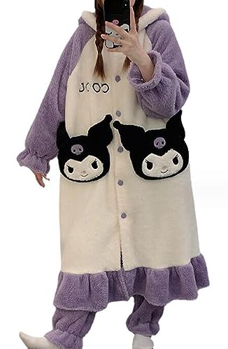 WANHONGYUE My Melody Plüsch Bademantel mit Kapuze Damen Long Fluffy Bathrobe Dressing Gown Flanell Pyjama mit Hose Two-Piece Set Winter Warm Soft Sleepwear Leisure Suit Lila L von WANHONGYUE