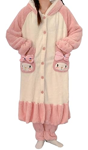 WANHONGYUE My Melody Plüsch Bademantel mit Kapuze Damen Long Fluffy Bathrobe Dressing Gown Flanell Pyjama mit Hose Two-Piece Set Winter Warm Soft Sleepwear Leisure Suit Rosa M von WANHONGYUE