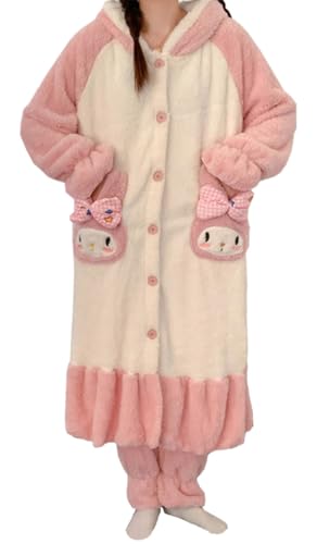 WANHONGYUE My Melody Plüsch Bademantel mit Kapuze Damen Long Fluffy Bathrobe Dressing Gown Flanell Pyjama mit Hose Two-Piece Set Winter Warm Soft Sleepwear Leisure Suit Rosa XL von WANHONGYUE