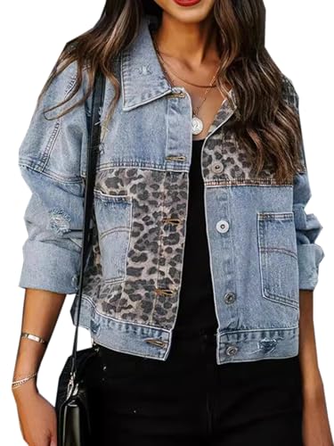 WANLAI Damen Jeansjacke Vintage Y2K Distressed Leopardmuster Patchwork Denim Jacke Übergangsjacke Lässig Streetwear Kurze Jacke von WANLAI