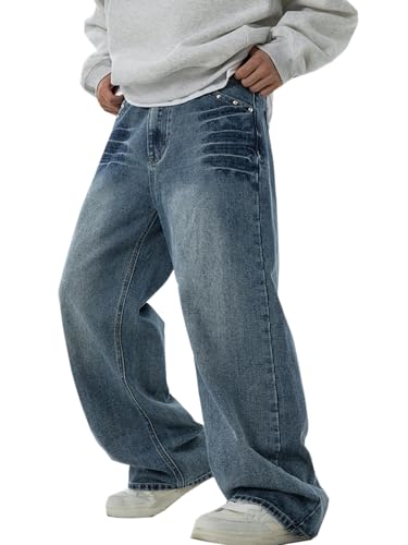WANLAI Herren Baggy Jeans Vintage Streetwear Loose Fit Straight Leg Skater Jeans Lässige Y2K Hip Hop Denim Hosen mit Nieten von WANLAI