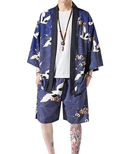 WANLAI Herren Kimono Japanisch 2 Teiliges Outfit Sommer Yukata Mäntel Cardigan Jacke 3/4 Ärmel Baggy Gedruckt Bademantel Urlaub am Strand von WANLAI