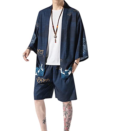 WANLAI Herren Kimono Japanisch 2 Teiliges Outfit Sommer Yukata Mäntel Cardigan Jacke 3/4 Ärmel Baggy Gedruckt Bademantel Urlaub am Strand von WANLAI