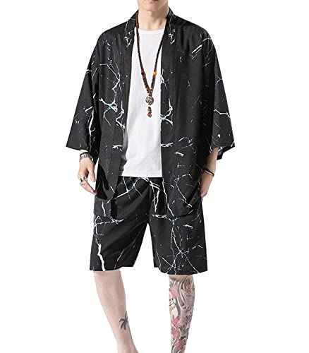 WANLAI Herren Kimono Japanisch 2 Teiliges Outfit Sommer Yukata Mäntel Cardigan Jacke 3/4 Ärmel Baggy Gedruckt Bademantel Urlaub am Strand von WANLAI