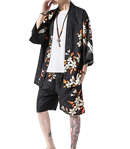 WANLAI Herren Kimono Japanisch 2 Teiliges Outfit Sommer Yukata Mäntel Cardigan Jacke 3/4 Ärmel Baggy Gedruckt Bademantel Urlaub am Strand von WANLAI