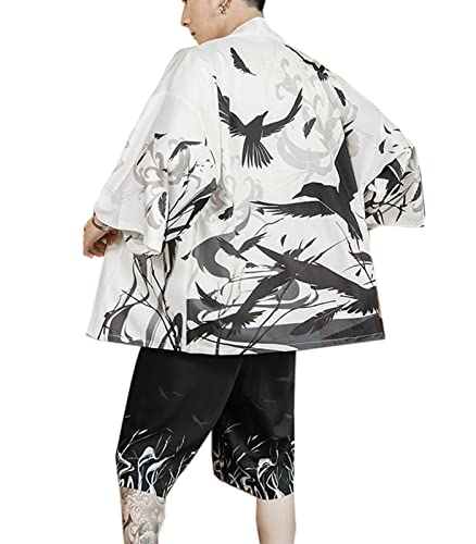 WANLAI Herren Kimono Japanisch 2 Teiliges Outfit Sommer Yukata Mäntel Cardigan Jacke 3/4 Ärmel Baggy Gedruckt Bademantel Urlaub am Strand von WANLAI