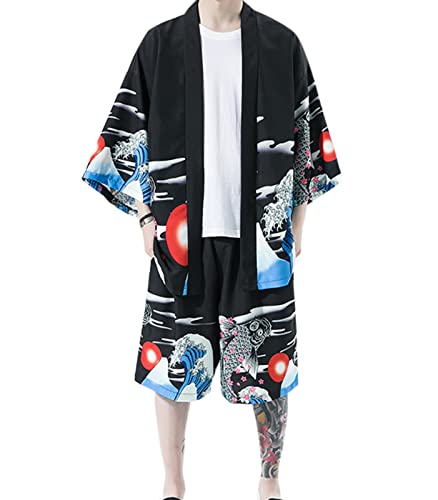 WANLAI Herren Kimono Japanisch 2 Teiliges Outfit Sommer Yukata Mäntel Cardigan Jacke 3/4 Ärmel Baggy Gedruckt Bademantel Urlaub am Strand von WANLAI