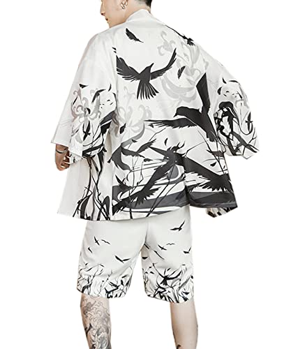 WANLAI Herren Kimono Japanisch 2 Teiliges Outfit Sommer Yukata Mäntel Cardigan Jacke 3/4 Ärmel Baggy Gedruckt Bademantel Urlaub am Strand von WANLAI