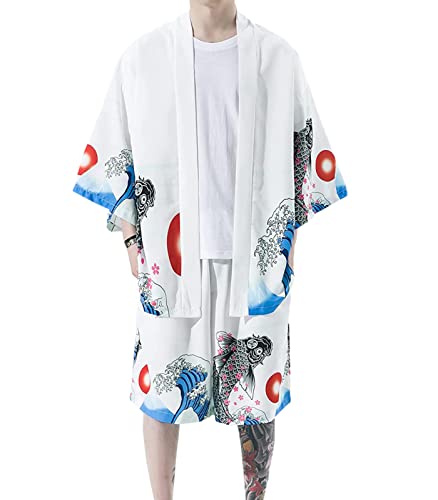 WANLAI Herren Kimono Japanisch 2 Teiliges Outfit Sommer Yukata Mäntel Cardigan Jacke 3/4 Ärmel Baggy Gedruckt Bademantel Urlaub am Strand von WANLAI