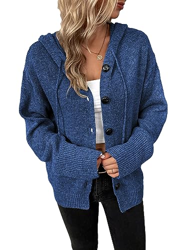 WANLAI Strickjacken mit Kapuze für Damen,Lässige Lockere Langarm Offene Front Knöpfe Outerwear Jacke Mantel,Gestrickte Hoodies Cardigan von WANLAI