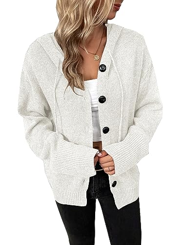 WANLAI Strickjacken mit Kapuze für Damen,Lässige Lockere Langarm Offene Front Knöpfe Outerwear Jacke Mantel,Gestrickte Hoodies Cardigan von WANLAI