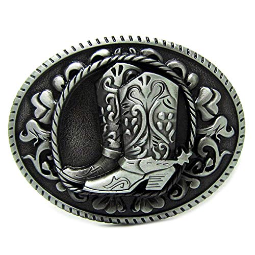 WANLIAN Gürtelschnalle, Western-Cowboys, ovale Vintage-Stiefel, Blumen-Metallschnalle, modisches Jeans-Accessoire, Stiefelschnalle für Damen und Herren, Größe 8,9 x 6,9 cm, Gewicht 76 g, silber von WANLIAN