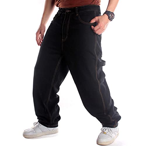 Herren Schwarze Jeans, Straight Fit Baggy Jeans Denim Loose Fit Große Hosen Jeans-Schwarz_32 von WANMN