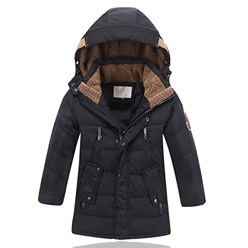 MEYOCEYO Winterjacke Kinder Daunenjacke Jungen Wintermantel Verdicken Daunenmantel Warm Lange Winterparka mit Kapuze Schwarz 150 von MEYOCEYO