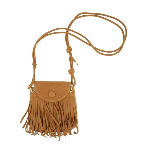 WANSHI Damen Handtasche mit Fransen, Kleine Umhängetasche im Boho-Stil, Cognacbraun, Vintage Schultertasche von WANSHI