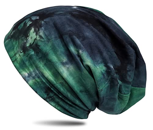 WANSSY® Damen Herren Unisex Uni Farbe Beanie mit Färbemuster Federmuster Fashion Einheitshröße Kopfbedeckung (Blau-Grün) von WANSSY