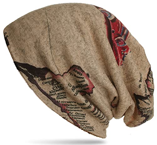 WANSSY® Unisex Beanie Mütze Longbeanie mit Blumen Blüten Herzen Sterne Muster Kopfbedeckung Strickmütze (Beige-Map Oldtimer) von WANSSY