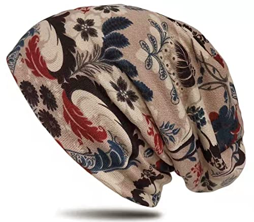 WANSSY® Unisex Beanie Mütze Longbeanie mit Blumen Blüten Herzen Sterne Muster Kopfbedeckung Strickmütze (Blüten Feder Beige) von WANSSY