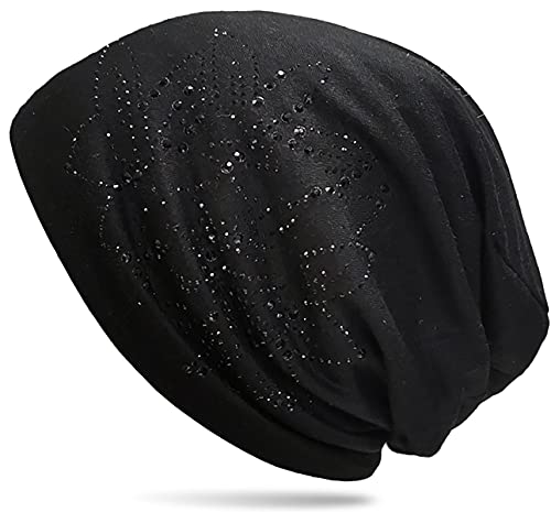 WANSSY® Unisex Beanie Mütze Longbeanie mit Silberbarren gelänzend Strass Muster Kopfbedeckung (Strass Blumen Schwarz) von WANSSY