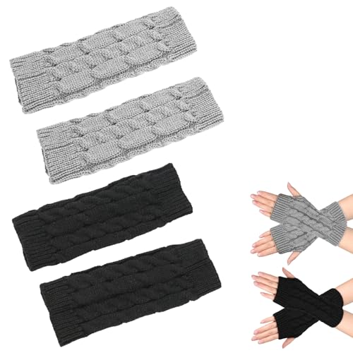 2 Paar Handschuhe Ohne Finger,Gestrickte Pulswärmer Handstulpen,Winter Fingerlose Handschuhe mit Daumenloch für Weihnachten Gift Männer und Frauen Geeignet,Strickhandschuhe Damen (Schwarz, Grau) von WANTUSHUI