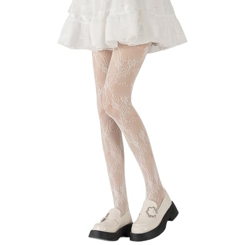 Strumpfhose Weiß,Strumpfhosen Damen Muster,Strumpfhose mit Floralem Spitzenmuster,Lolita Tights Weiße AusgehöHlte,Spitzenstrumpfhose für Feinstrumpfhose mit Netz Netzstrumpfhose,Rock Spitzen Weisse von WANTUSHUI