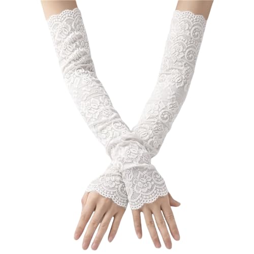 WANTUSHUI Spitze Armstulpen für Damen,Spitzenhandschuhe weiß Handschuhe,Armstulpen Damen Sommer,hochzeit Fingerlose Armsleeve,Arm Stulpen,Lang Hochzeit Braut Blumenhandschuhe​ (Weiß, Einheitsgröße) von WANTUSHUI