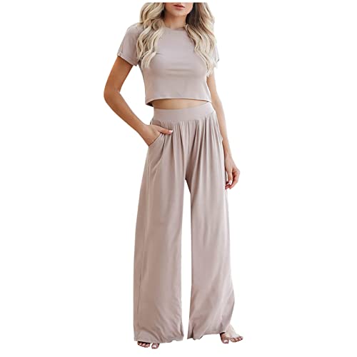 2 Piece Summer Outfits Women, Women's Casual Summer 2 Piece Outfits Short Sleeve Crop Top and Pocketed Wide Leg Pants, Suitable for Daily Wear, Party, Date, Club, Work, Beach (Beige,L) von WANWEN