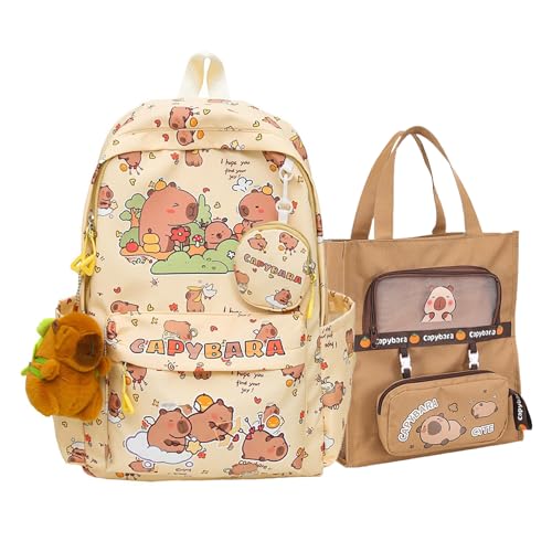 Capybara Rucksack Kinder, Capybara Rucksack Set, Wasserdicht, Ergonomisch, Leicht, Geeignet für Jungen und Mädchen, Tutorial-Tasche mit Abnehmbarem Federmäppchen (Gelb) von WANWEN