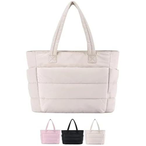 Lightweight Puffy Tote Bag,Lightweight Travel Tote Bag with Compartments,Puffer Tote Bag for Women,Lightweight Fluffy Handbag for Daily Work Travel (Beige) von WANWEN