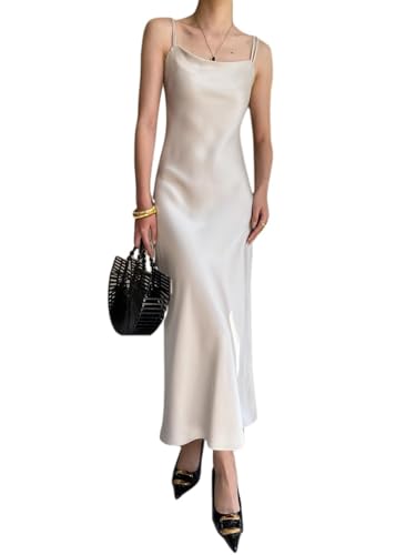 Satinkleid Damen, Damen Freizeitkleidung ärmellose Satin Spaghetti Träger Rückenfrei Gerafft Bodycon Kleid Maxi Cocktail Elegant Kleider für Abend Party (Champagne,M) von WANWEN