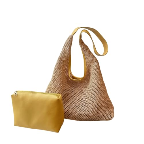 Strohtaschen Damen, Lässige Strandtasche, Häkeltaschen, Inklusive Kleinem Beutel – Ein Must-have für den Urlaub (Gelb) von WANWEN