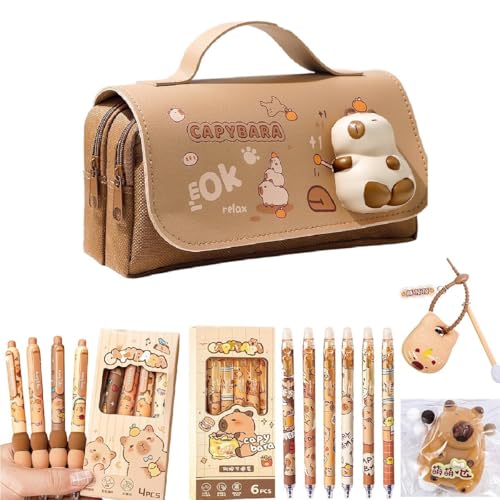 WANWEN Capybara Pencil Case, Capybara Stationery Set, with Capybara Pens & Squeeze Toy, Cute Capybara Stuff Gift Set for Kids and Students von WANWEN
