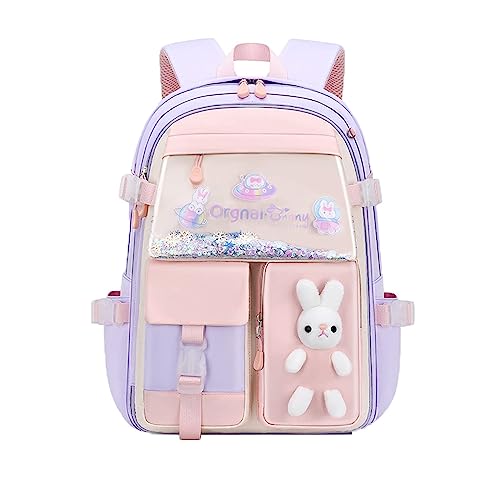 WANWEN Hasen Rucksack, Kawaii Hasen-Rucksack für Mädchen, Hasen-Rucksack für Mädchen, Bad Bunny-Rucksack, Großraum-Rucksack-Set für Vorschule, Grundschule (Purple,Large) von WANWEN