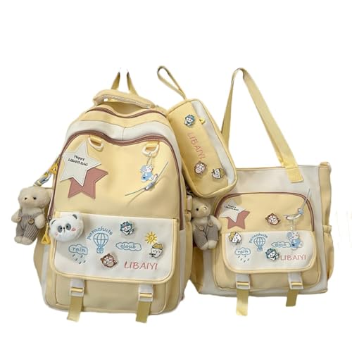WANWEN Kawaii Backpack 3Pcs Set for Student with Cute Bear Accessories Back to School Supplies Large Capacity Aesthetic School Bags Cute Bookbag for Girls Teen (Yellow) von WANWEN